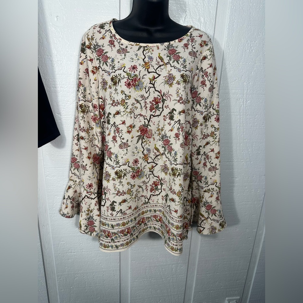 Max Studio Brown Floral Long Bell Sleeve Top Size Medium EUC